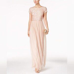 Sz 10 Adrianna Papell Blush Pink Sequin Short-Sleeve Balletcore Gown with Tulle